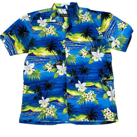 Authentic blue Hawaiian Shirt with Floral Print cotton size XL - Picture 1 of 5